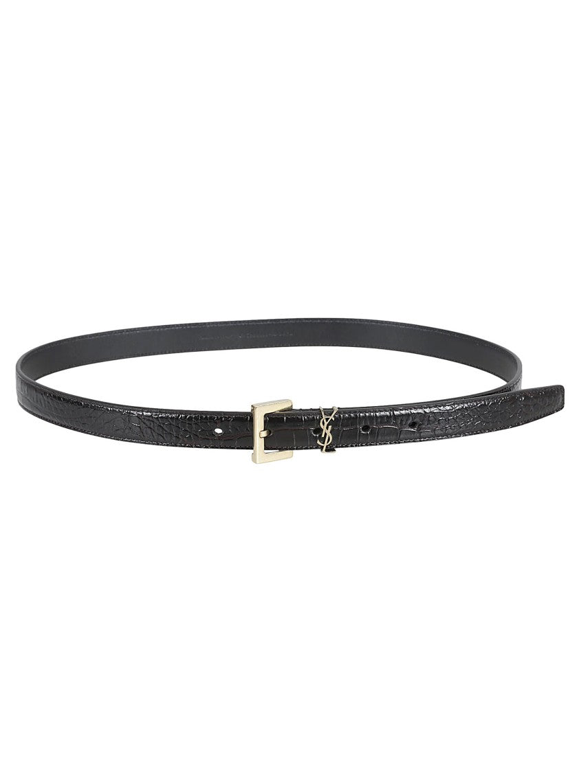 Narrow Crocodile-Textured Calfskin Belt