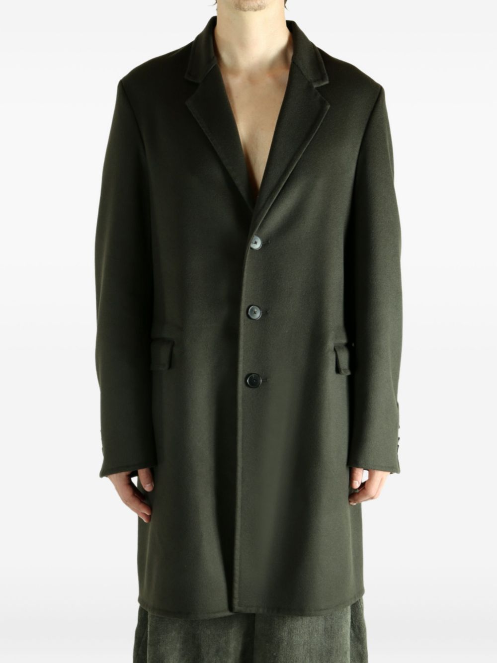 Button-Fastening Green Coat with Flap Pockets