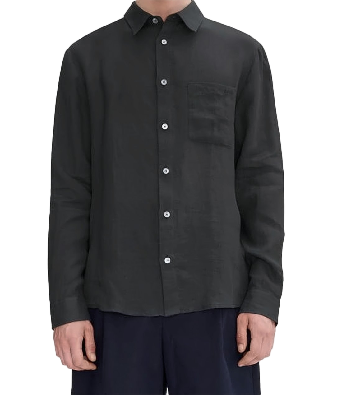 Long-Sleeve Black Linen Shirt with Classic Collar