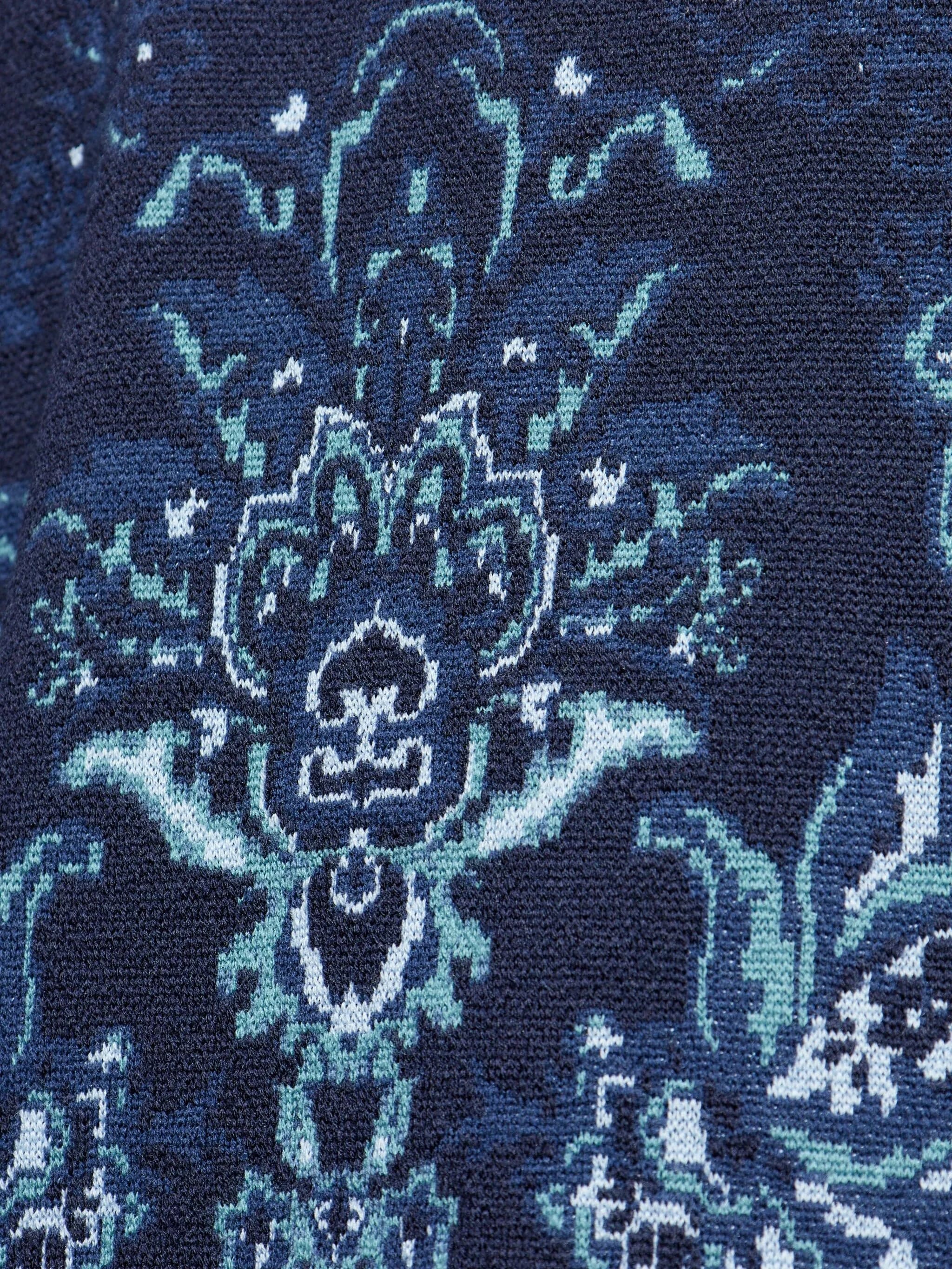 Jacquard Floral Navy Wool Knit Sweater