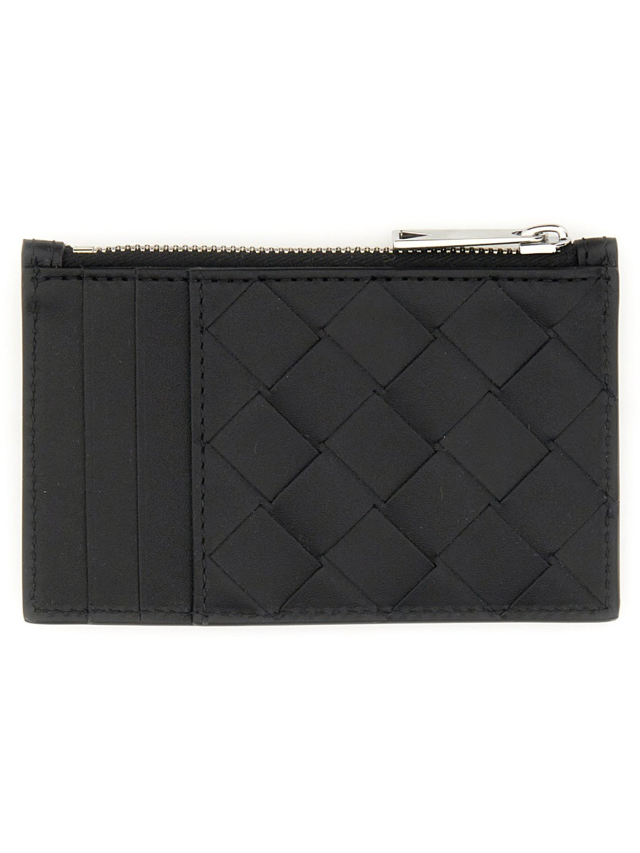 Woven Calfskin Card Holder with Zipper Closure