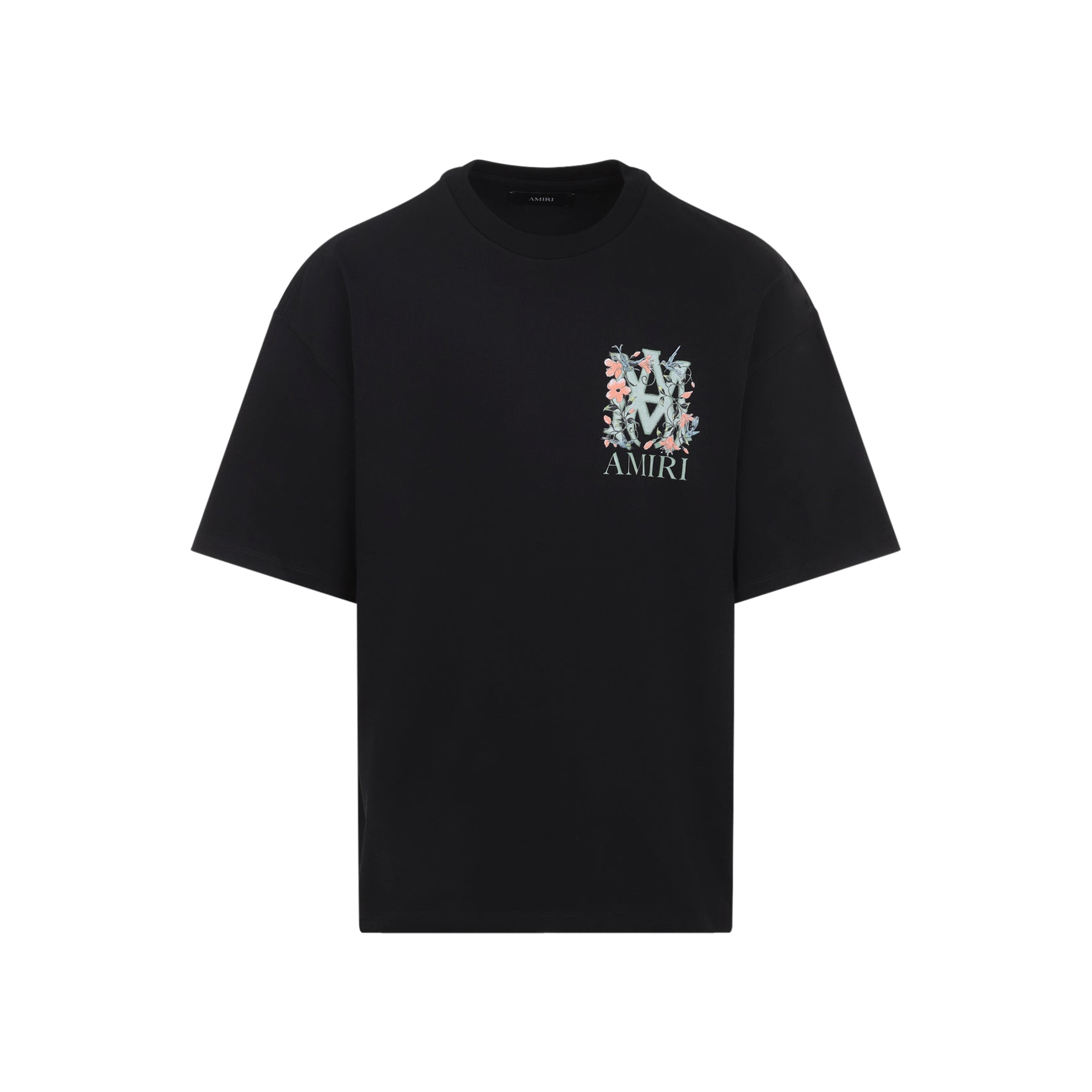 Floral-Embroidered Black T-Shirt With Signature Logo