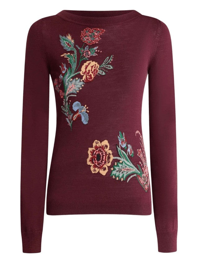 Intricate Floral Knit Top With Boat Neckline