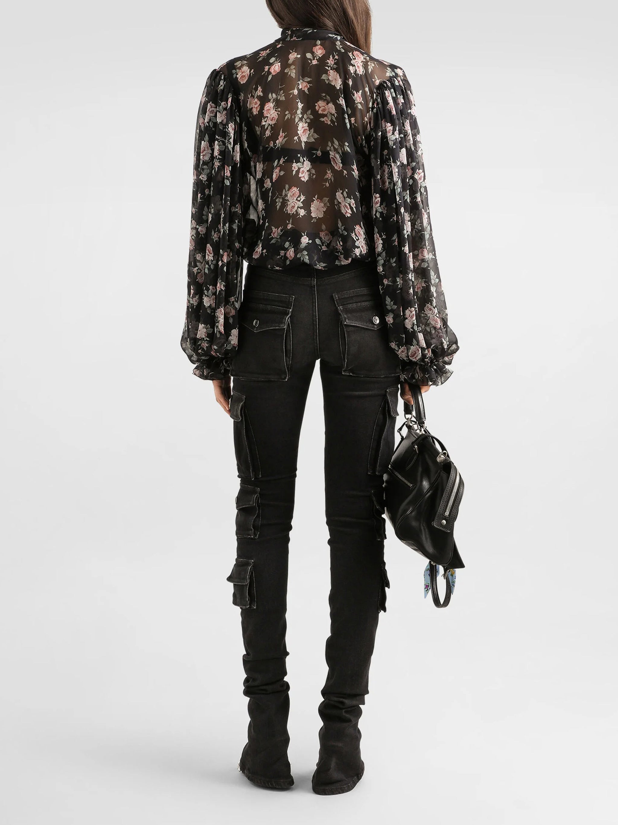 Black Sheer Floral Print Silk Blouse