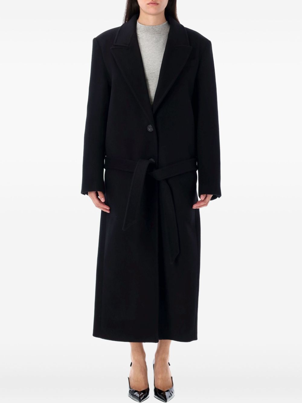 Long Single-Breasted Black Twill Coat