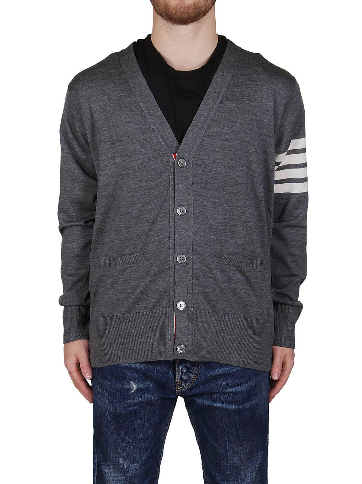 Cardigan with Deep V-Neck and Signature Stripes