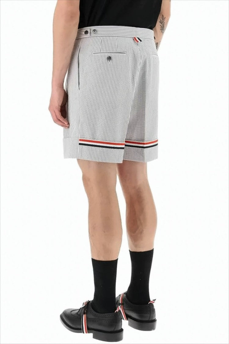 Tailored White Shorts with Subtle Pinstripe and Tricolor Detail