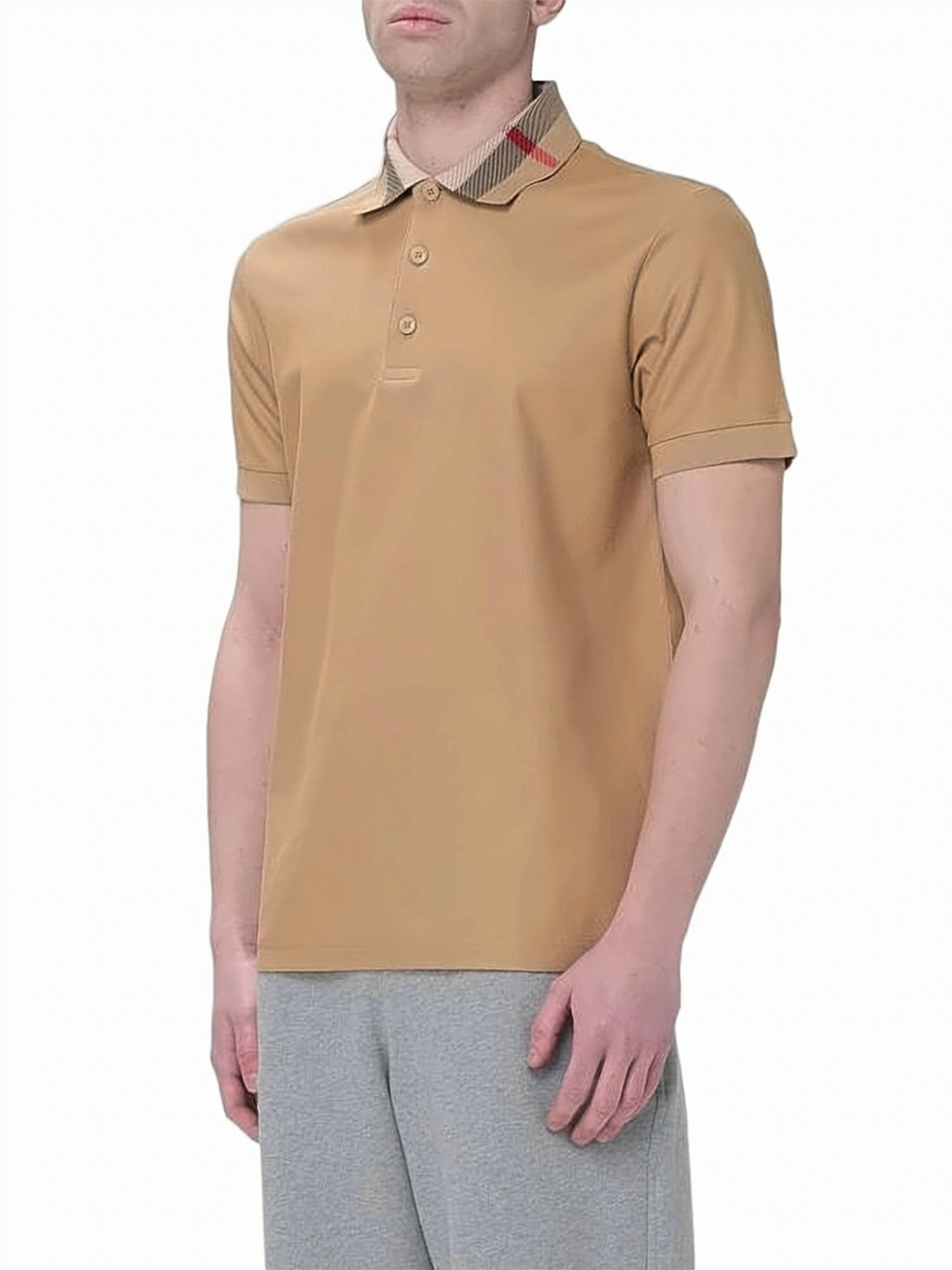 Short-Sleeved Polo Shirt with Check-Patterned Collar and Side Slits