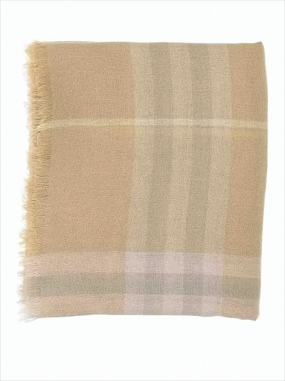 Beige Plaid Wool Scarf with Fringed Edges