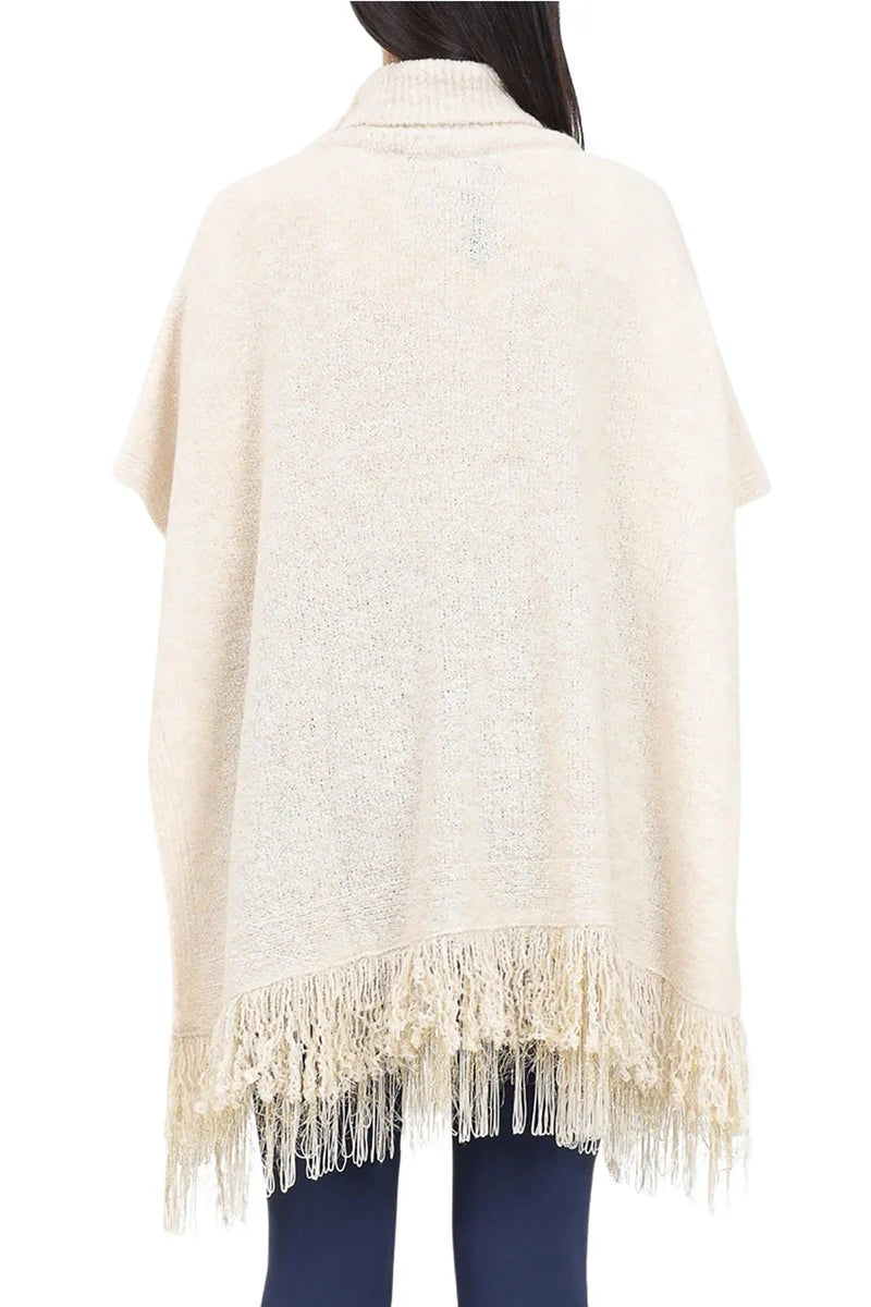 Textured Knit Poncho with Fringed Edges