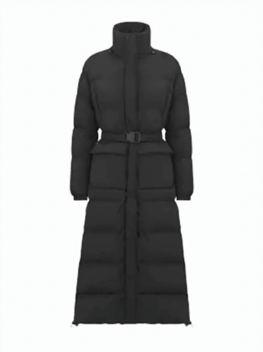 Long Padded Coat with High Collar and Belted Waist