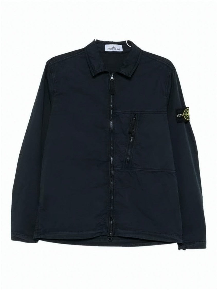 Long-Sleeve Black Casual Shirt with Zip Pocket and Patch Logo