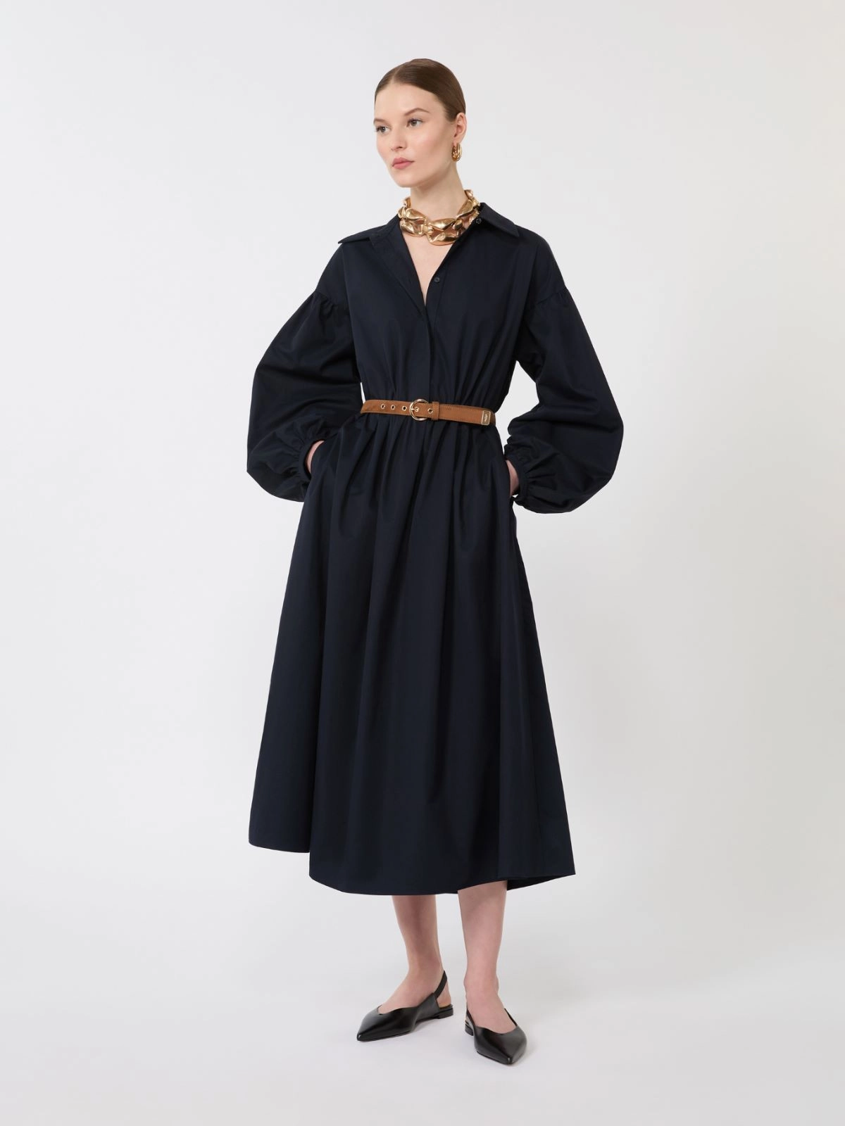Midi Dress with Puff Sleeves and Cinched Waist