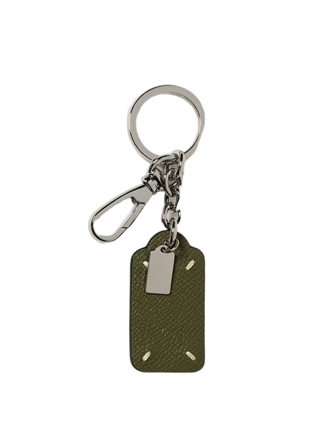 Rectangular Green Leather Tag Keyring with Silver Chain