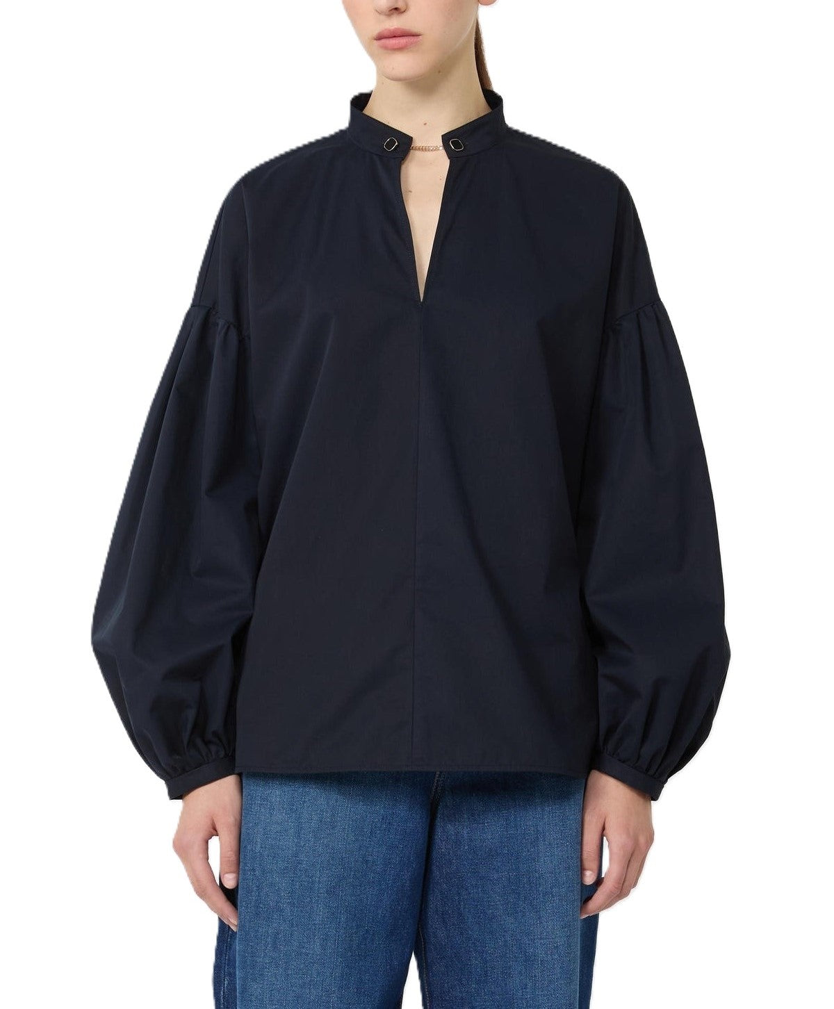 Balloon Sleeve Top with Stand-Up Collar and V-Neckline