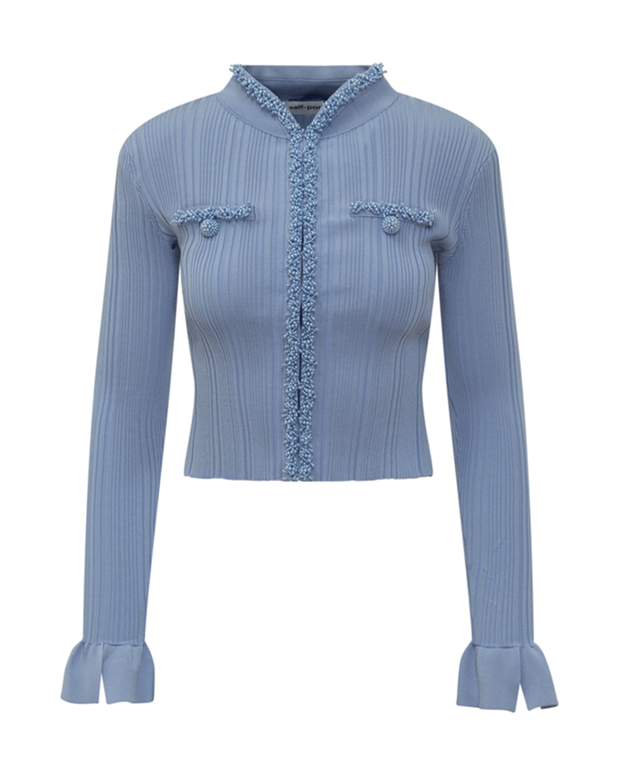 Fitted Ribbed Knit Cardigan with Pearl Embellishments
