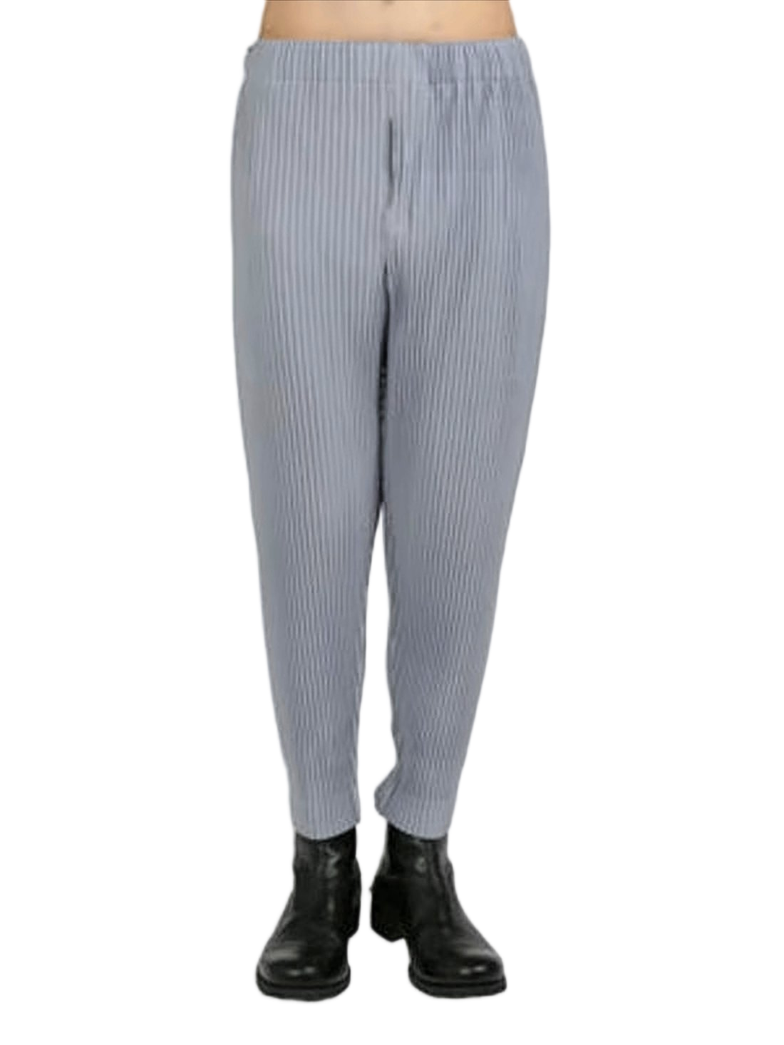 Pleated Grey Cropped Pants With Elastic Waistband