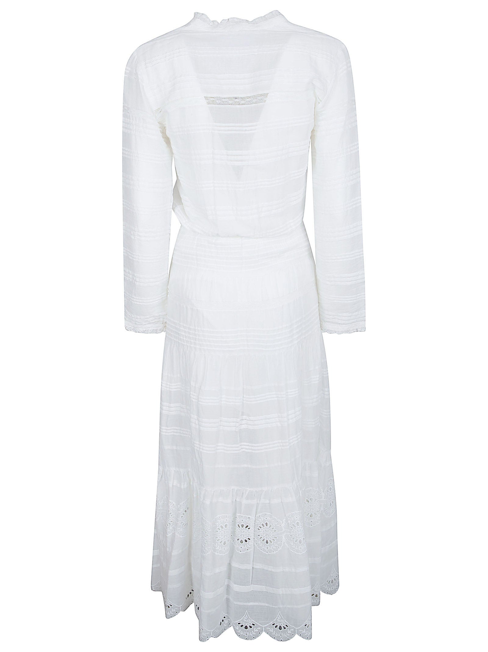 Long White Dress with Crochet Lace Inserts and Asymmetrical Hem