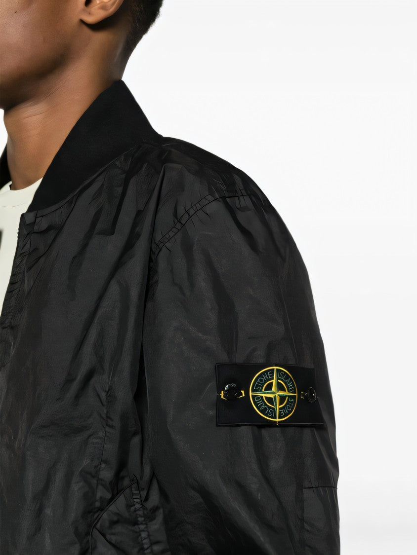 Black Leather Jacket With Zip Front And Logo Patch