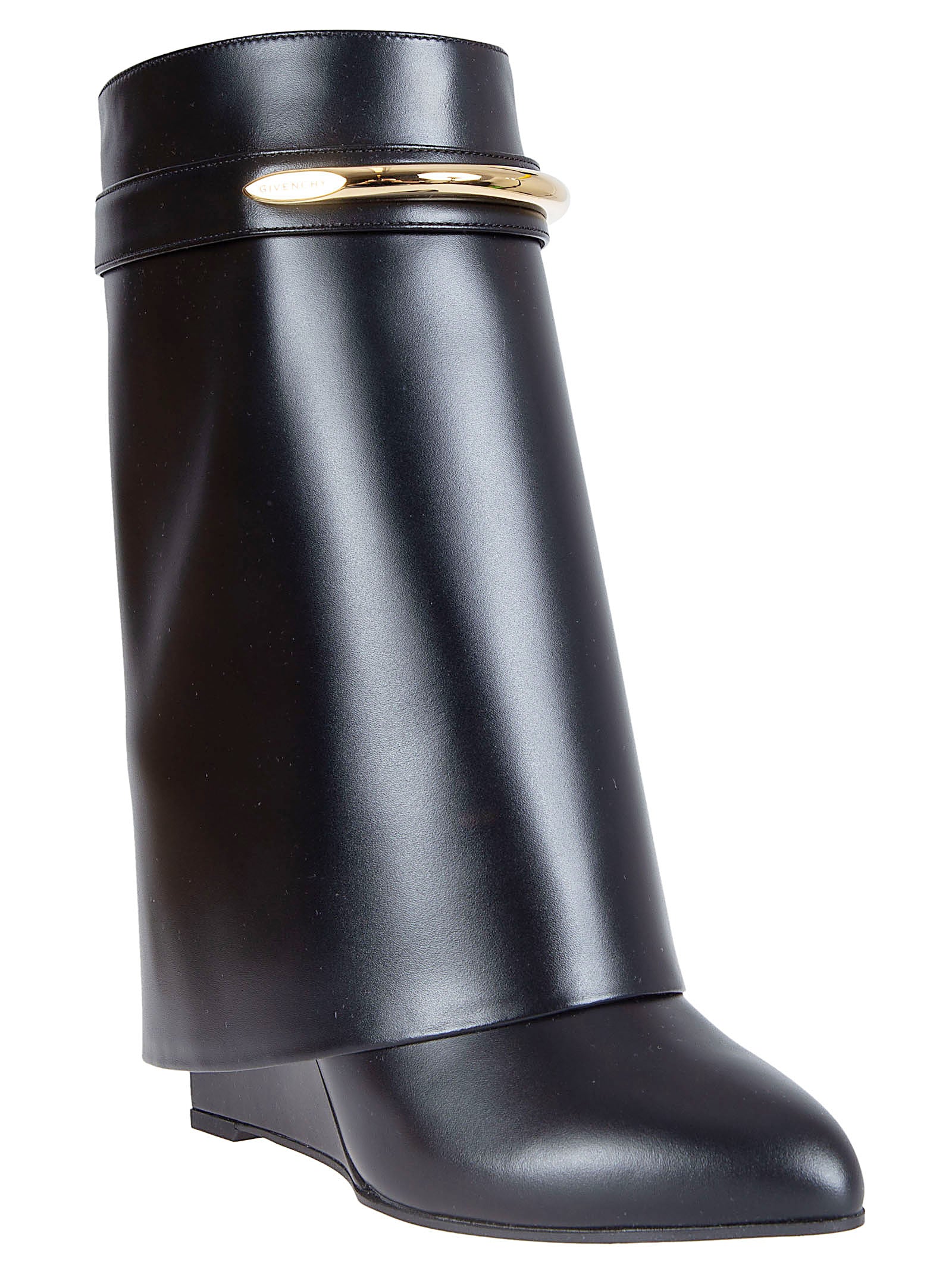 Pointed Toe Black Calf Leather Ankle Boots with Covered Wedge Heel