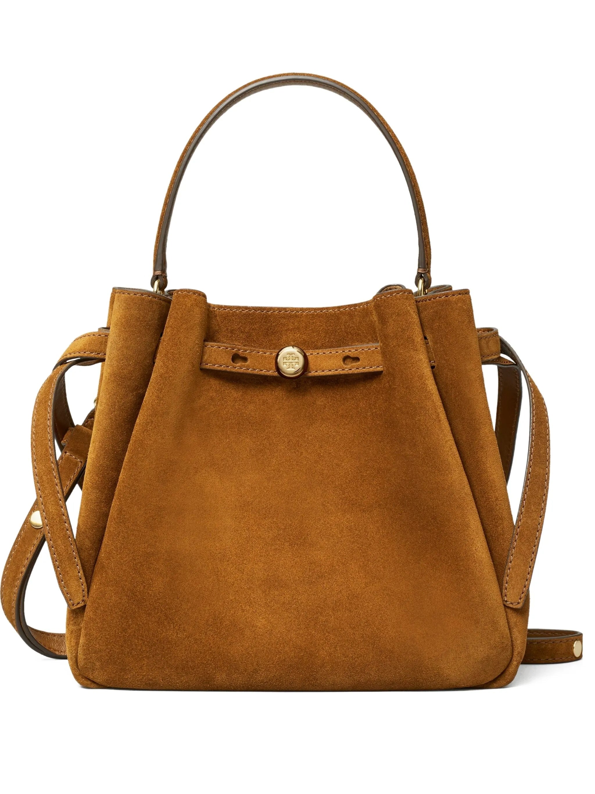 Structured Suede Brown Bucket Bag with Gold Accents