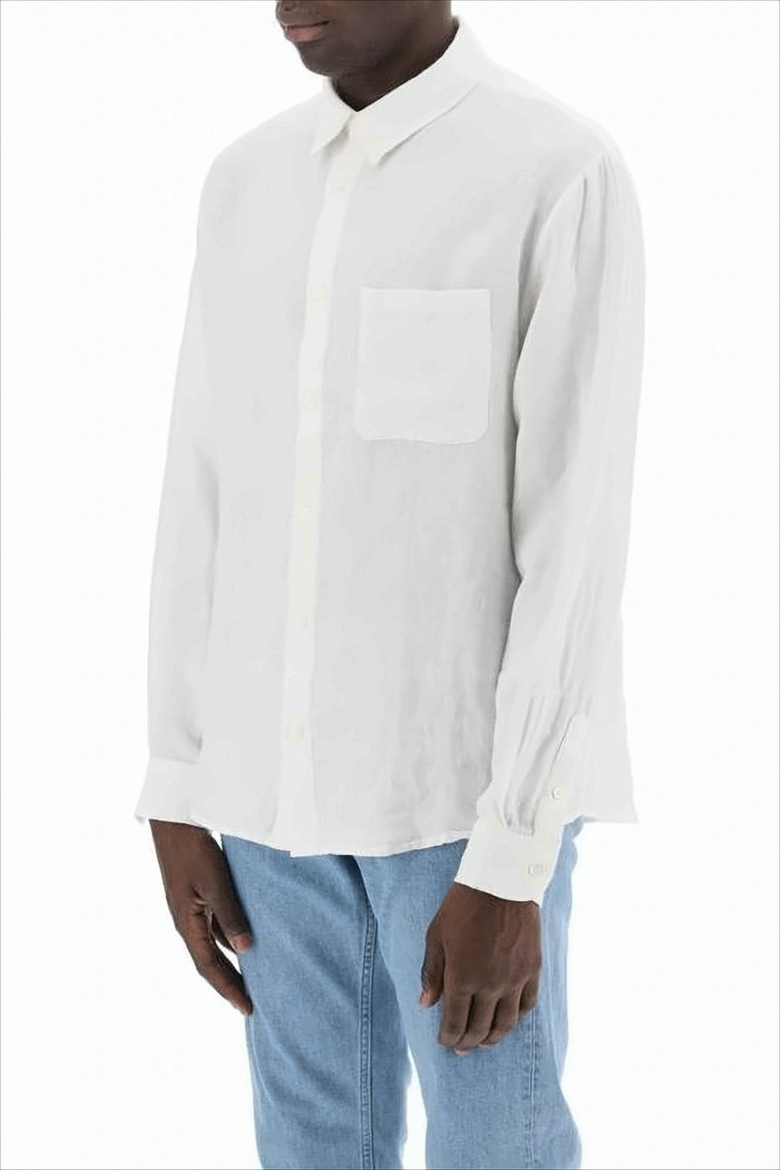 Classic White Long-Sleeve Linen Shirt with Buttoned Cuffs