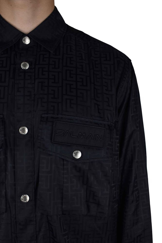 Black Oversized Nylon Shirt With Monogram Pattern