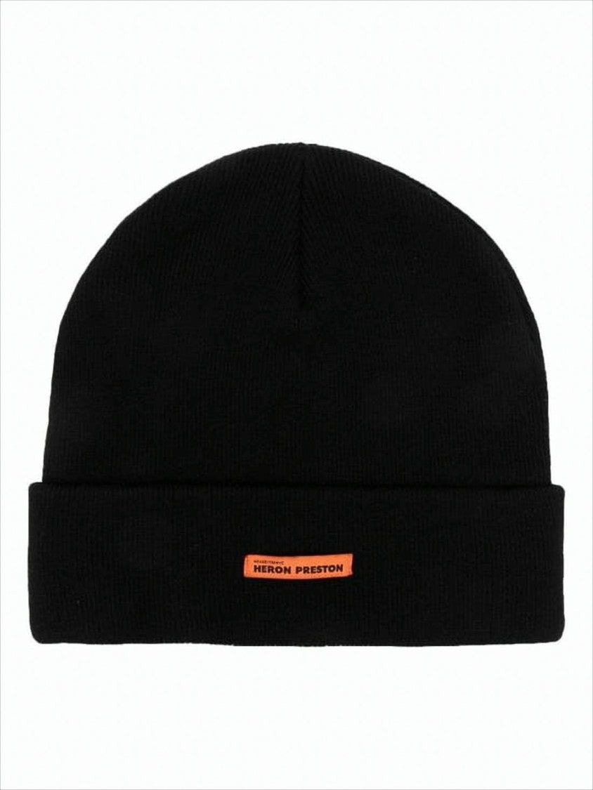 Black Wool Beanie With Folded Cuff And Orange Label