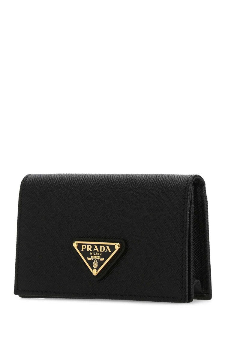 Textured Black Card Wallet With Triangular Metal Logo