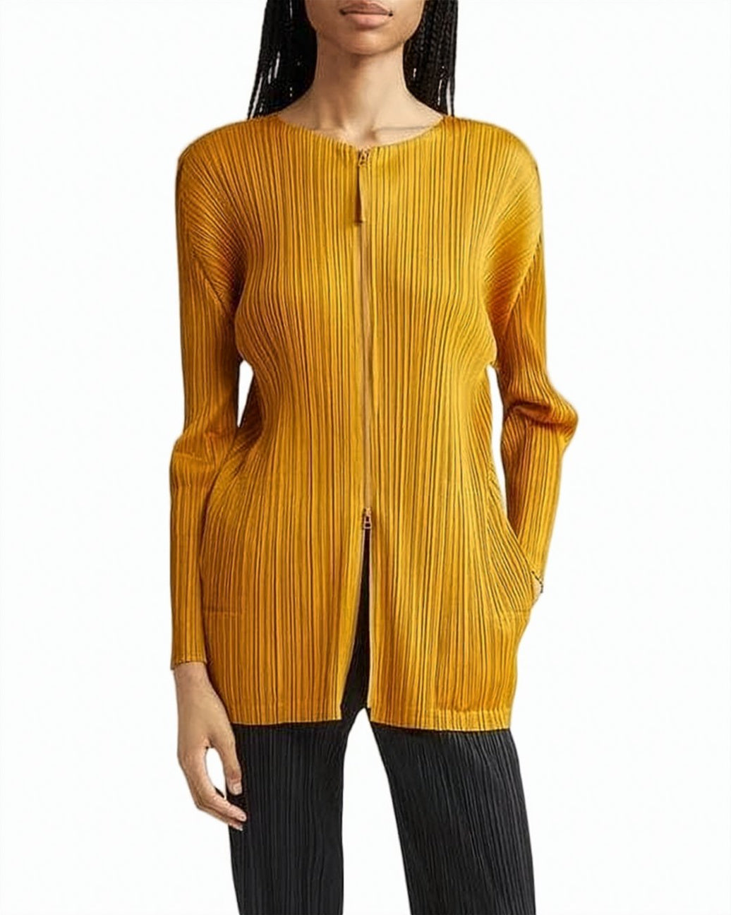 Fine Pleated Long-Sleeve Zip-Up Top