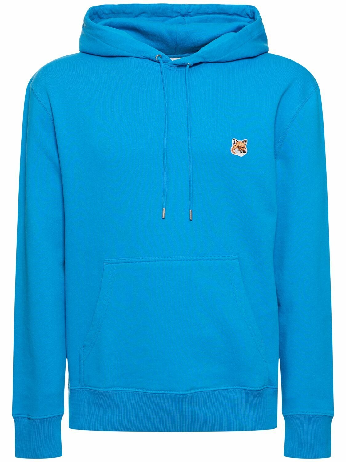 Bright Blue Cotton Hoodie With Embroidered Fox Logo