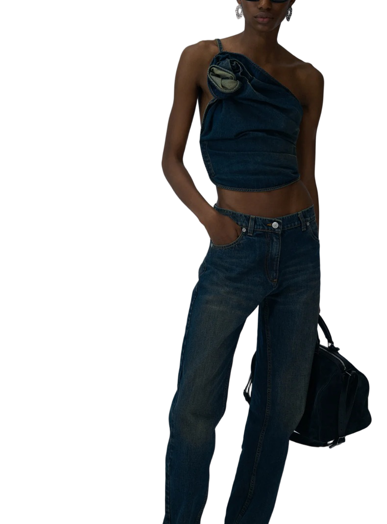 One-Shoulder Denim Blouse with Draped Silhouette