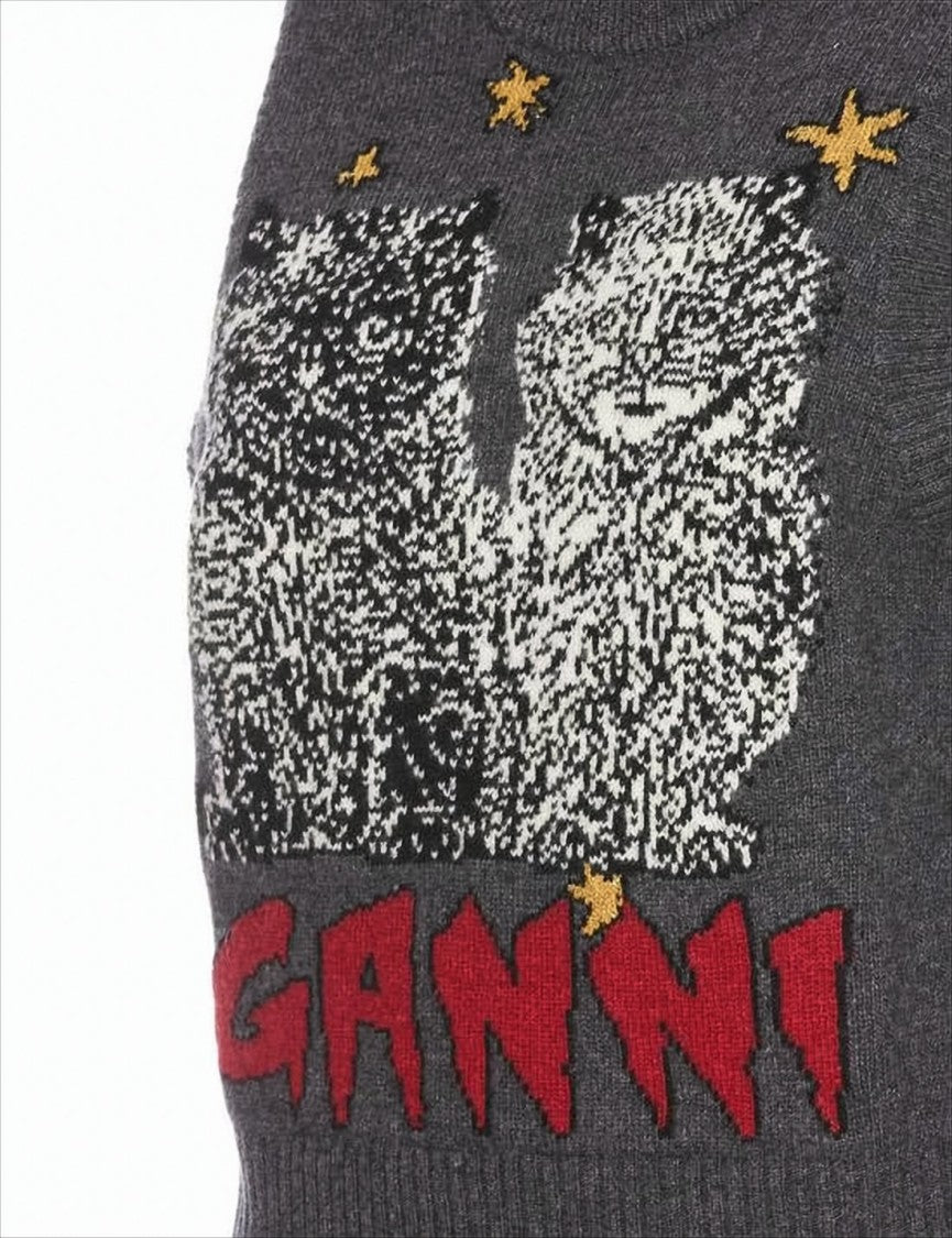 Sleeveless Knit Vest With Graphic Cat Design