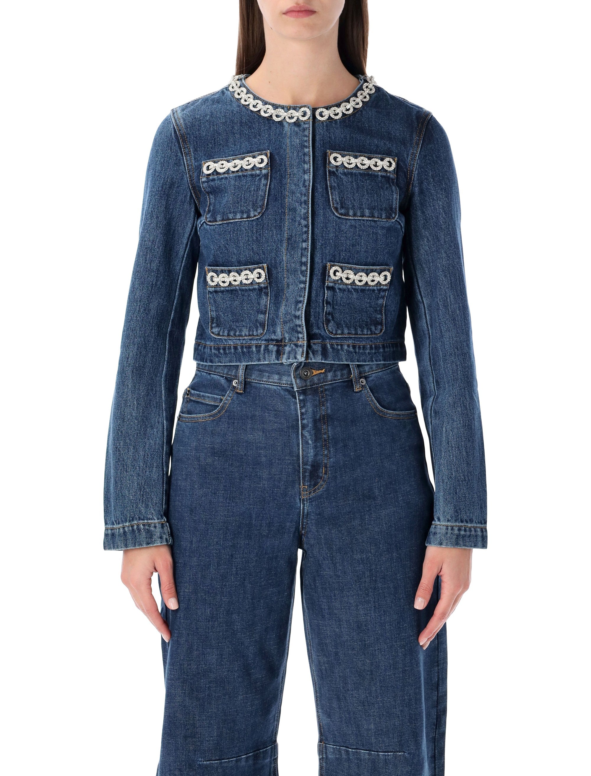 Cropped Denim Jacket With Crystal Chain Trims