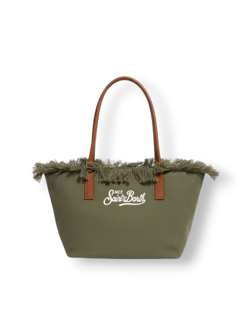 Medium Olive Green Tote Bag With Textured Fringe Trim