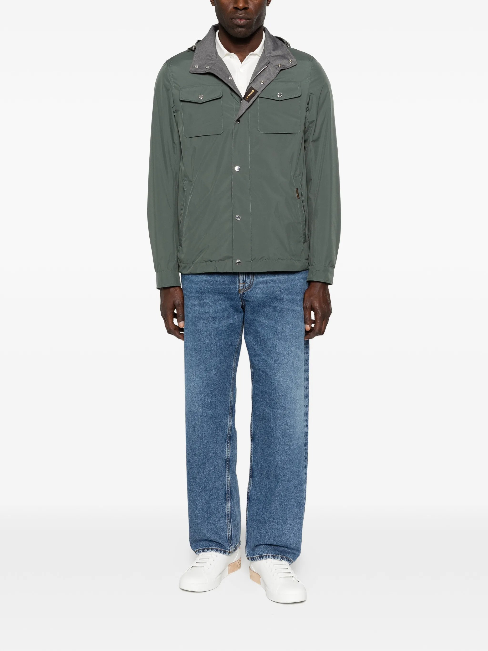 Muted Green Jacket With Adjustable Hood And Functional Pockets