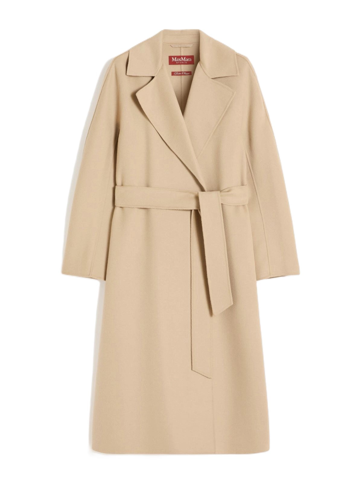 Knee-Length Coat with Wide Lapel and Self-Tie Belt
