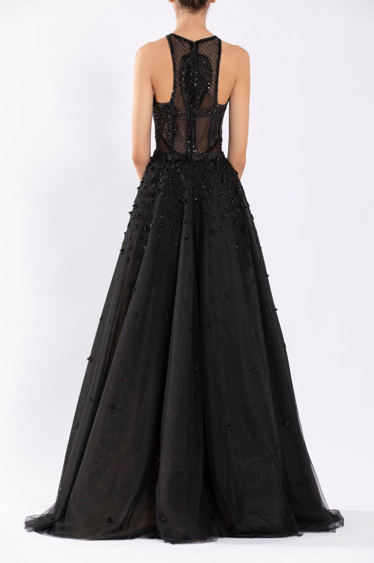 Tulle Beaded Dress With Halter Neckline