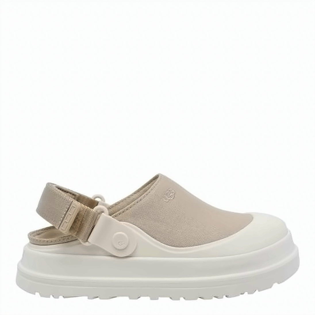 Beige Fabric White TPU Toe Sandals