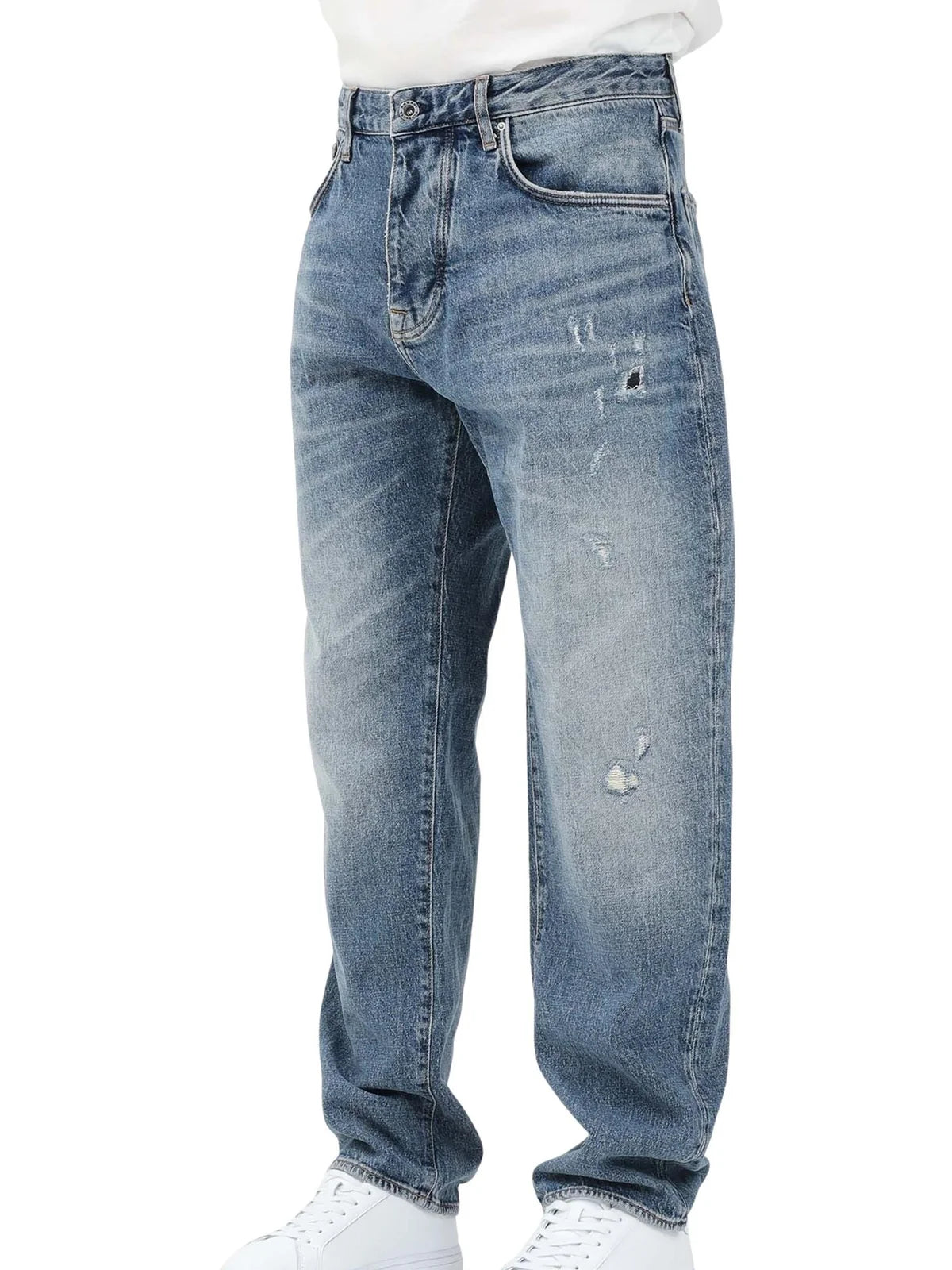 Blue Cotton Elastane Loose Tapered Jeans