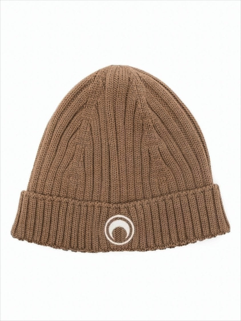 Ribbed Wool Beanie With Crescent Moon Emblem