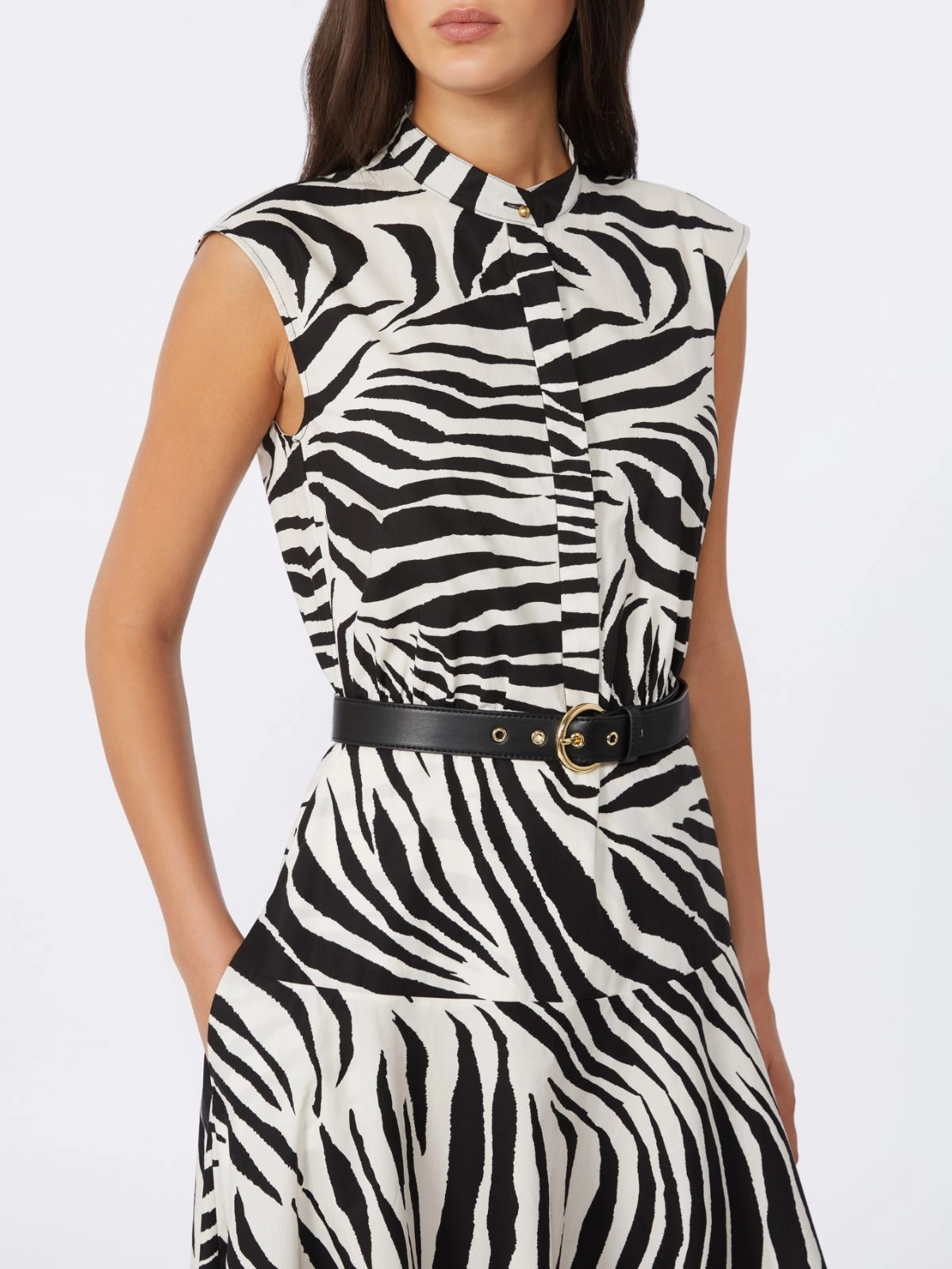Zebra Print Midi Dress with High Collar