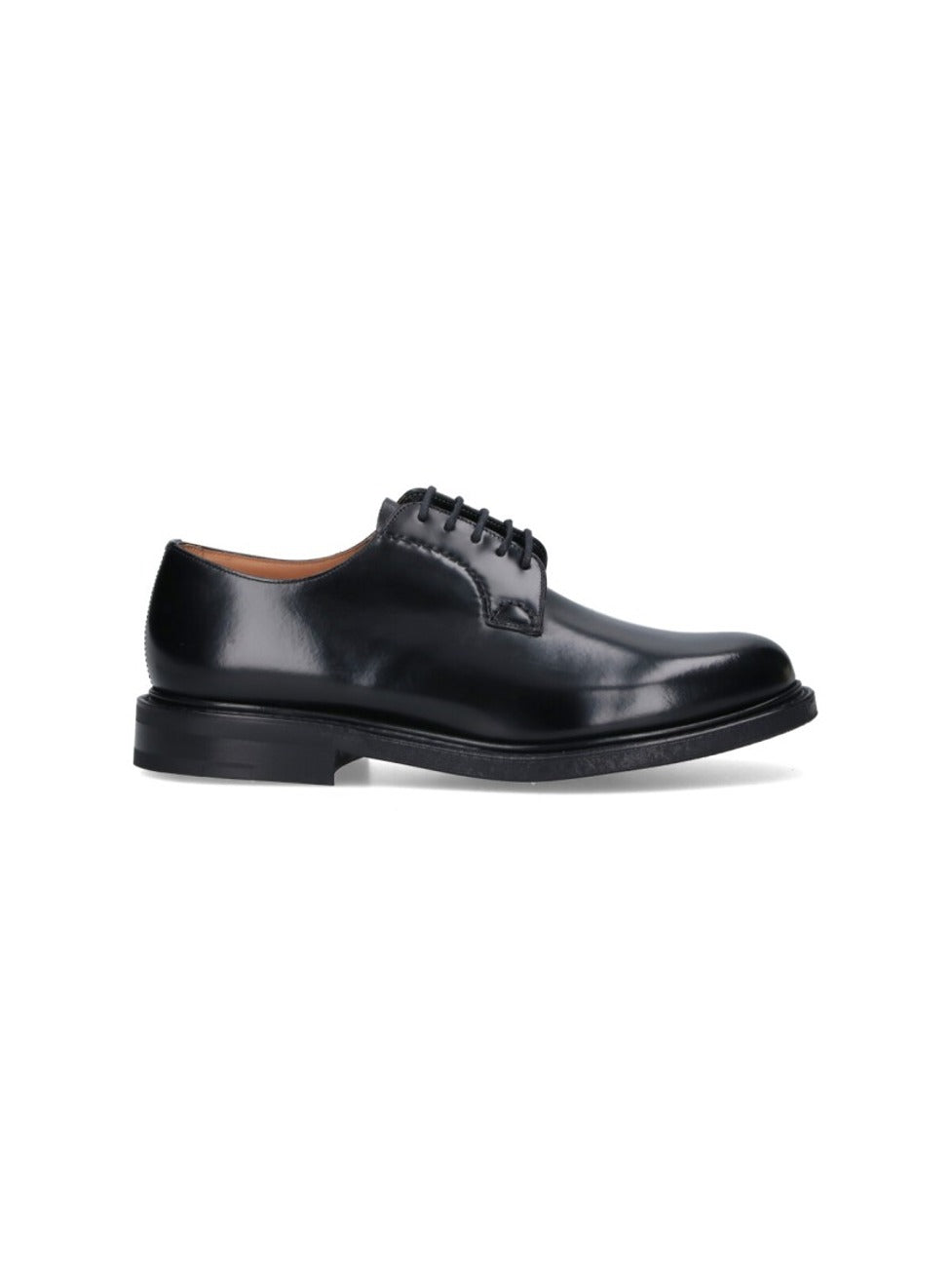 Polished Black Leather Derby Shoes With Rounded Toe