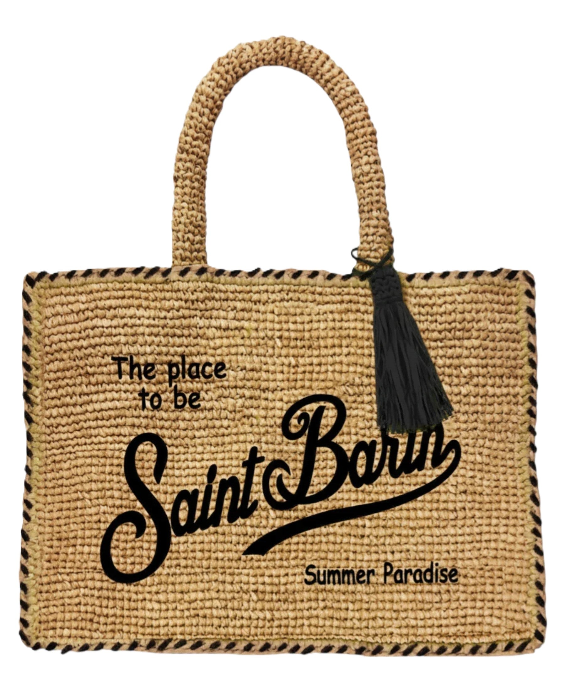 Woven Tote Bag with Embroidered Text
