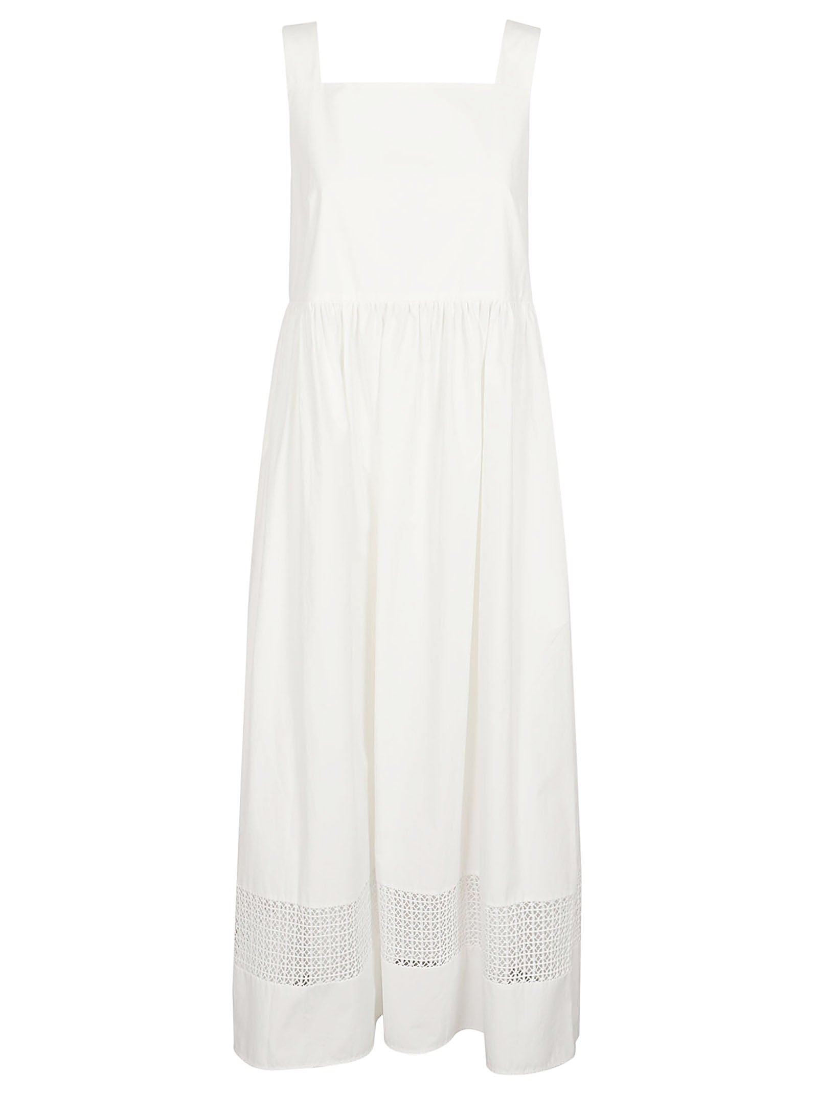 Sleeveless Midi Dress with Gathered Waist and Lace Hem
