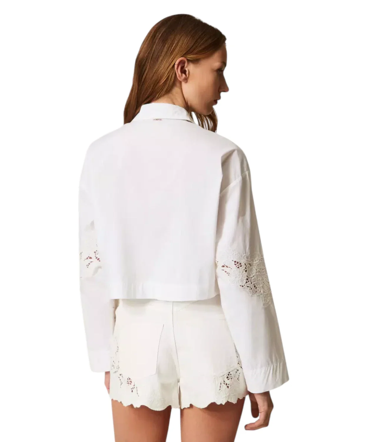 Cropped Long-Sleeve Shirt with Floral Embroidery