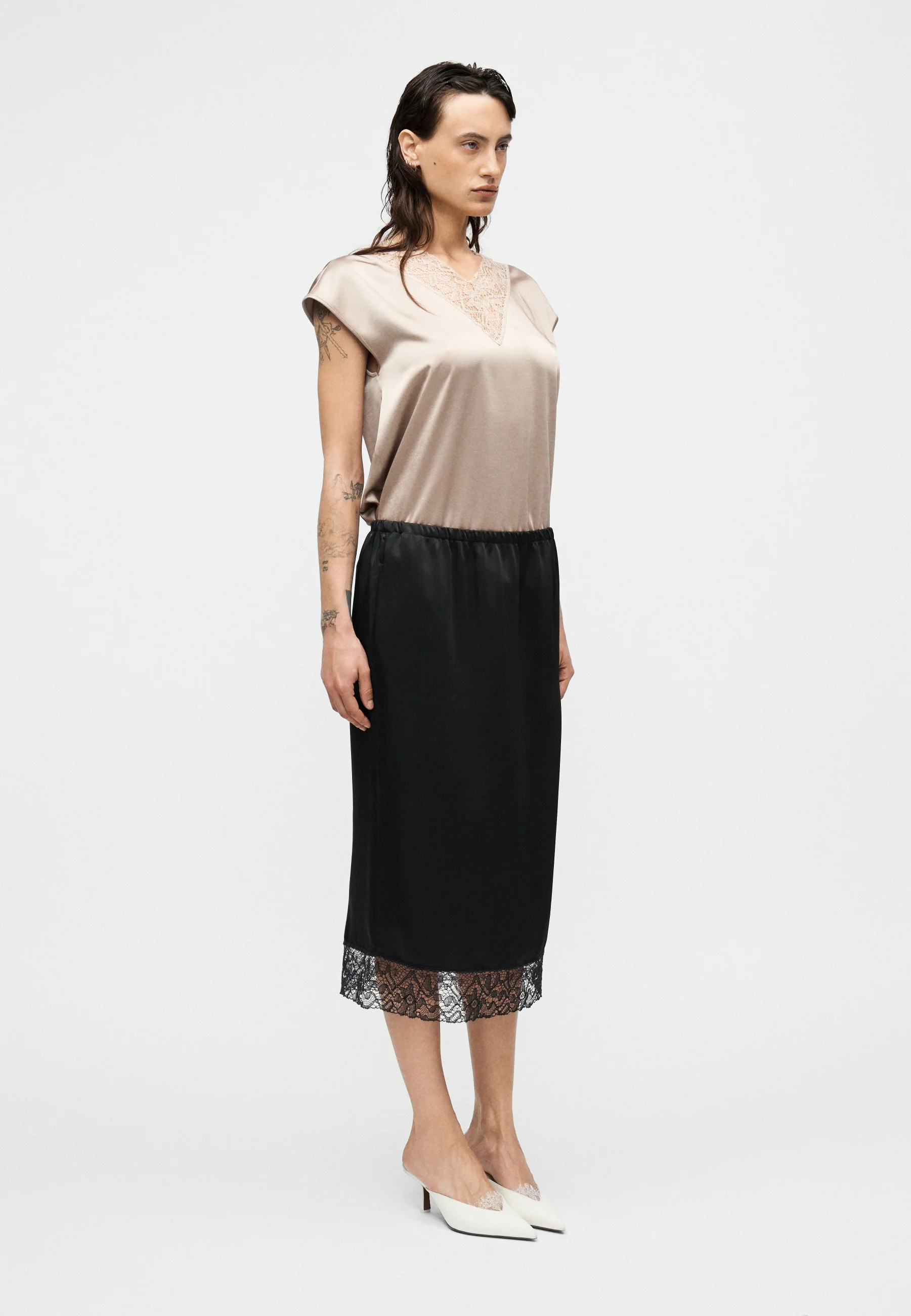 Black Cotton Linen Midi Skirt
