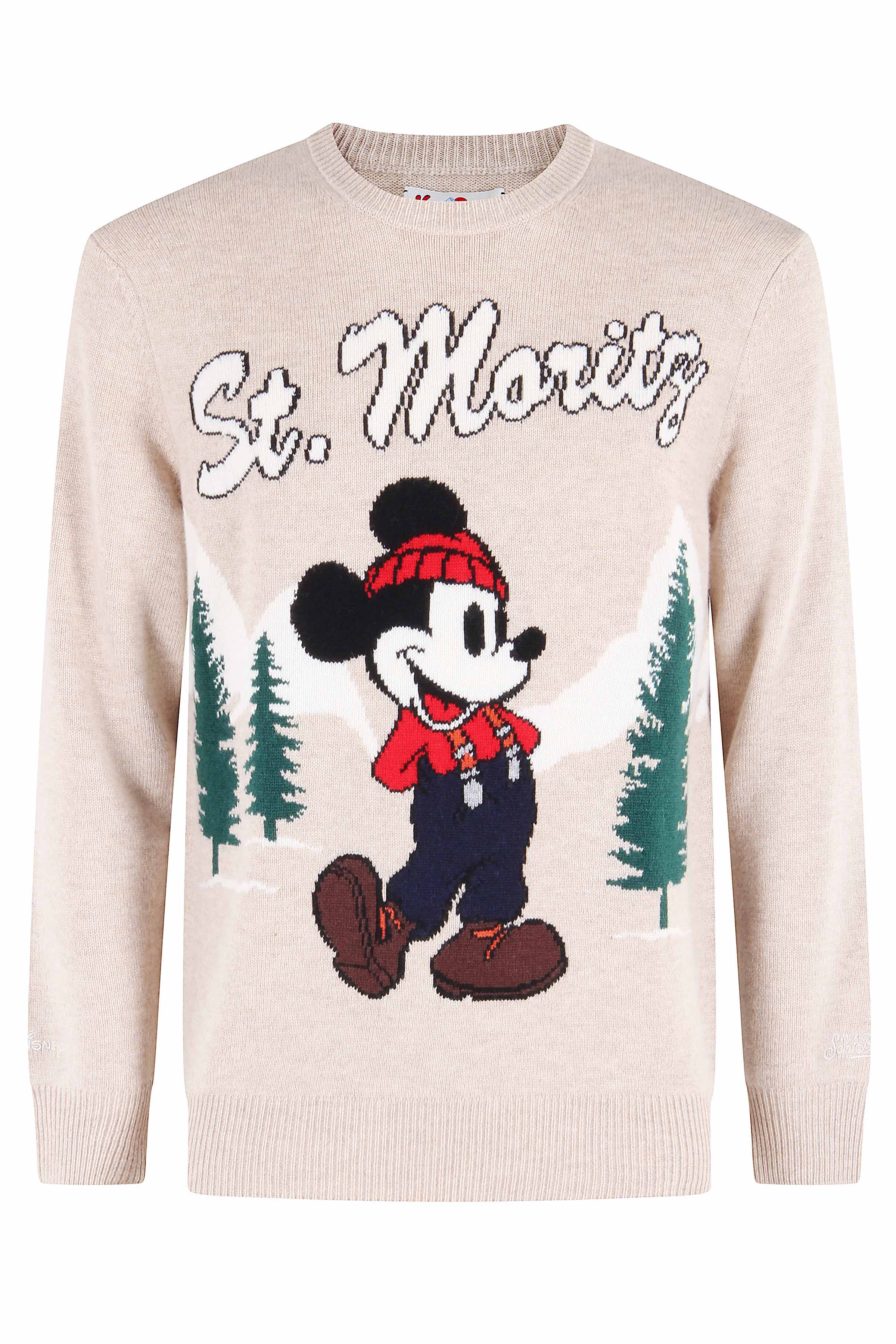 Ribbed Crewneck Sweater With Embroidered Winter Motif