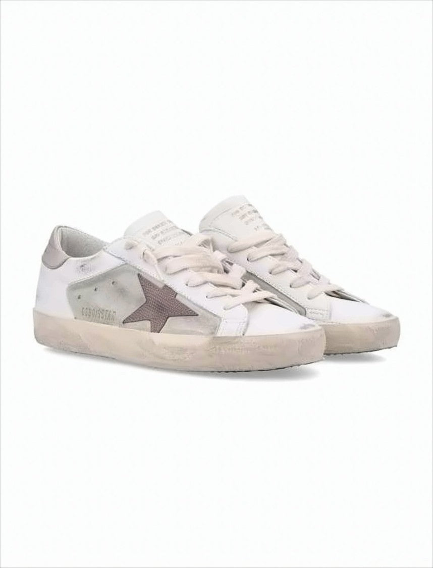 Distressed White Leather Low-Top Sneakers With Grey Suede Star