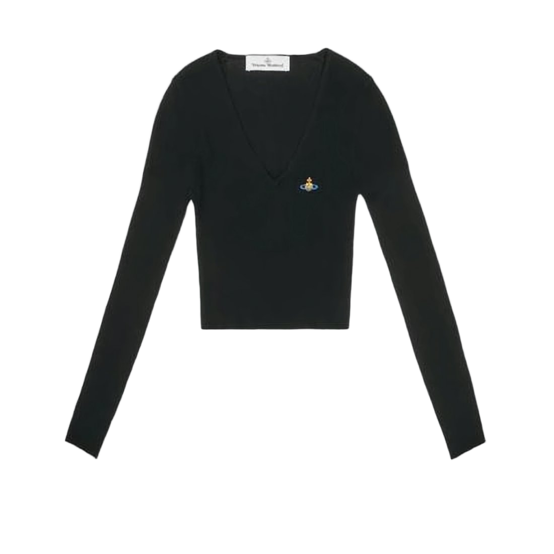 Cropped V-Neck Cardigan with Embroidered Emblem Detail
